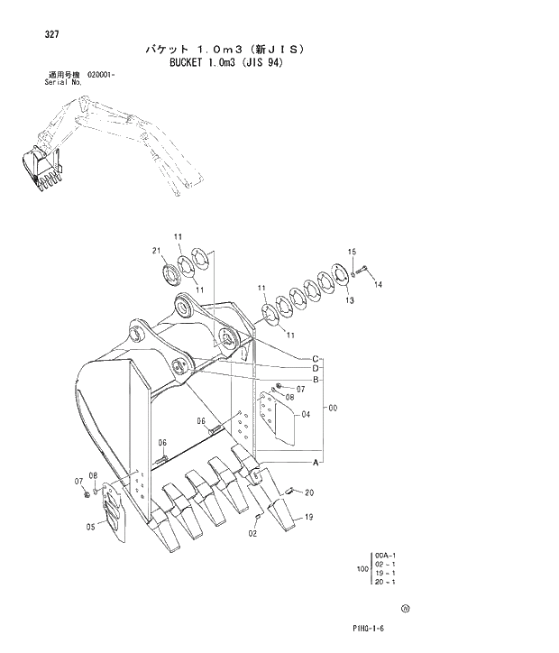 Схема запчастей Hitachi ZX280LCN - 327 BUCKET 1.0m3 (JIS 94) FRONT-END ATTACHMENTS(MONO-BOOM)
