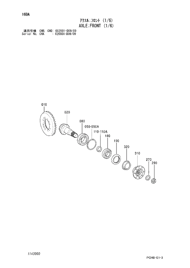 Схема запчастей Hitachi ZX190W-3 - 169 AXLE FRONT (1-6) (CHA 020001 - D09-09 CHB - CHB CHD 002001 - D09-09). 06 POWER TRAIN