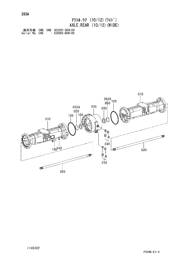 Схема запчастей Hitachi ZX190W-3 - 283 AXLE REAR (10-12)(WIDE) (CHA 020001 - D09-09 CHB - CHB CHD 002001 - D09-09). 06 POWER TRAIN