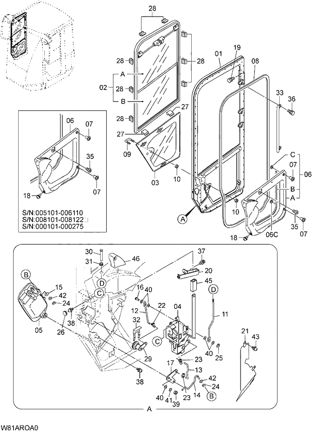 Схема запчастей Hitachi ZW250 - 078_DOOR(LIGHT) (000101-004999, 005101-). 04 CAB