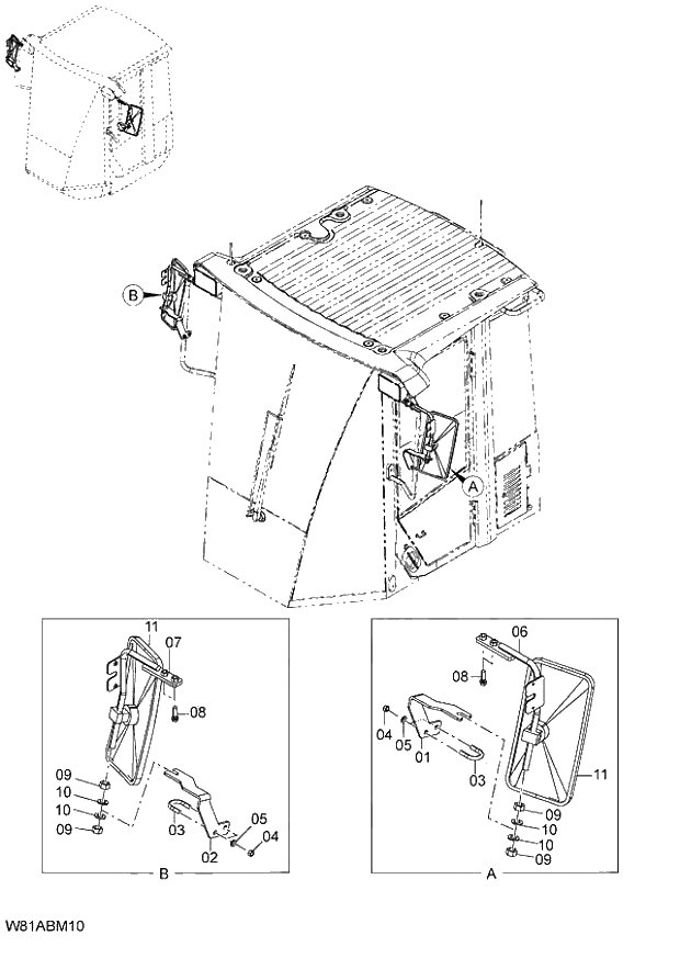 Схема запчастей Hitachi ZW250 - 092_REAR VIEW MIRROR H3H,HEH,HXH (BM001) (000101-004999, 005101-). 04 CAB
