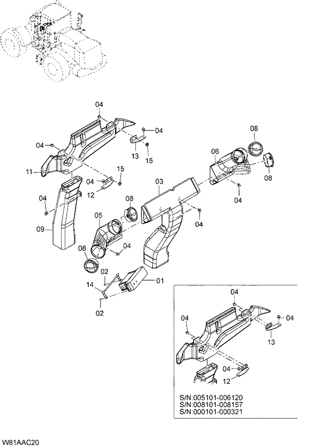 Схема запчастей Hitachi ZW250 - 101_AIR CONDITIONER(2)(AC400) (000101-004999, 005101-). 04 CAB