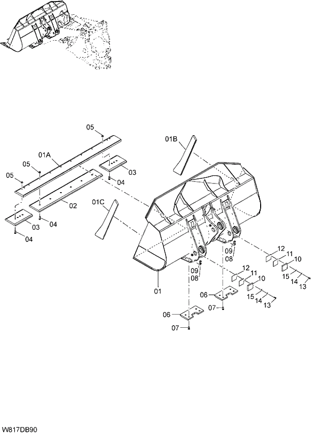 Схема запчастей Hitachi ZW310 - 016 GENERAL PURPOSE BUCKET(WITH BOLT-ON CUTTING EDGE) 4.2m3 (6AJ,HAJ,HEJ)(DEB420). 07 LOADER ATTACHMENT