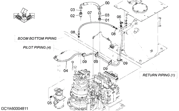 Схема запчастей Hitachi ZX210LCK-5G - 005 DRAIN PIPING 04 HYDRAULIC PIPING