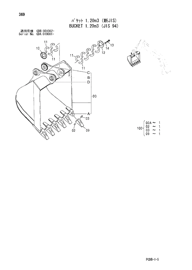 Схема запчастей Hitachi ZX210W - 369 BUCKET 1.20m3 (JIS 94) (CDA 010001 - CDB 001002 -). 03 FRONT-END ATTACHMENTS(MONO-BOOM)
