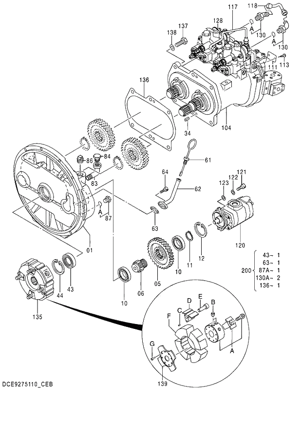 Схема запчастей Hitachi ZX140W-3 - 319 PUMP DEVICE ( CEB CED 002001-,005001- CEA 020001-,050001-). 01 PUMP