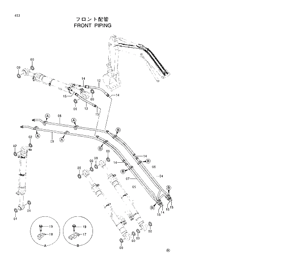 Схема запчастей Hitachi EX350LCH-5 - 453 FRONT PIPINGS 03 FRONT