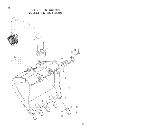 Схема запчастей Hitachi EX350LCK-5 - 485 BUCKET (1.86) JIS94 SELECT 03 FRONT
