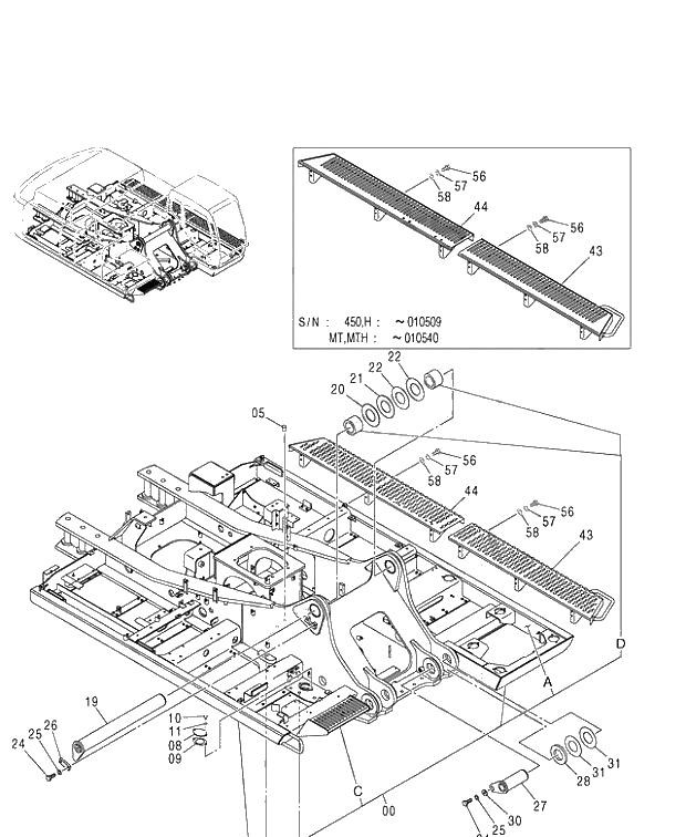Схема запчастей Hitachi ZX450LC - 111 FRAME 1 RIDE-ON TYPE COUNTERWEIGHT 450,H,MT,MTH (010001-). 01 UPPERSTRUCTURE
