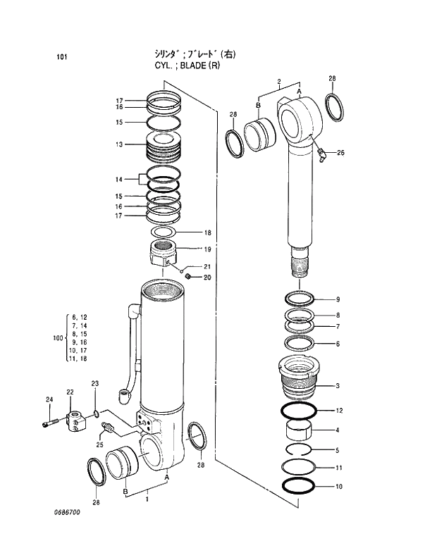Схема запчастей Hitachi EX130H-5 - 101 CYL.;BLADE (R) 04 CYLINDER