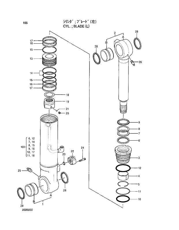 Схема запчастей Hitachi EX130H-5 - 105 CYL.;BLADE (L) 04 CYLINDER