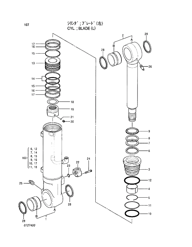 Схема запчастей Hitachi EX130H-5 - 107 CYL.;BLADE (L) 04 CYLINDER
