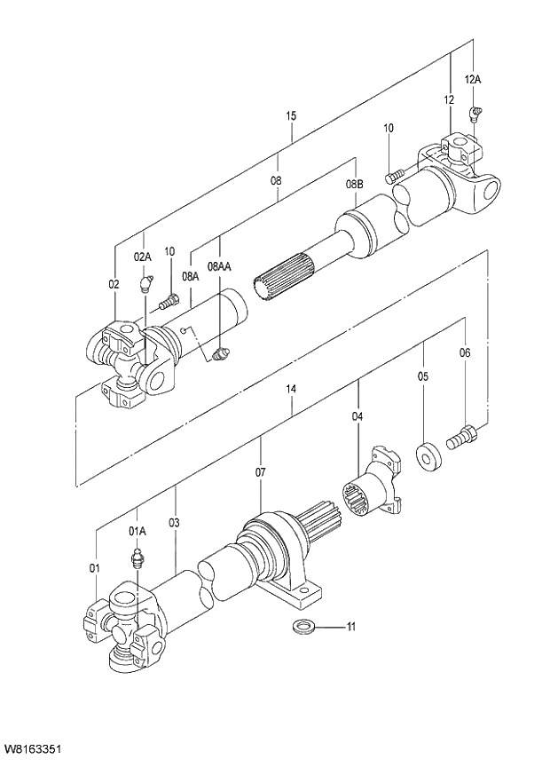 Схема запчастей Hitachi ZW220 - 328_PROPELLER SHAFT (F) 6CG,HCG,HEG (005102-009999). 05 POWER TRAIN
