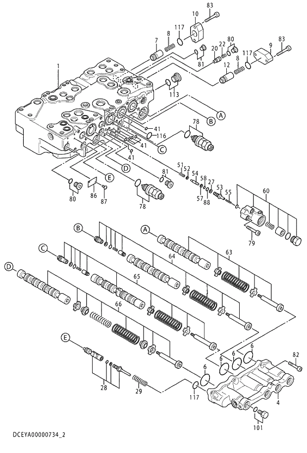Схема запчастей Hitachi ZX350LCK-5G - 002 VALVE;CONTROL (2-5) 03 VALVE
