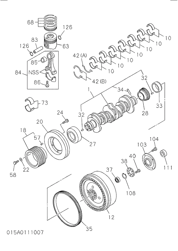 Схема запчастей Hitachi ZW250 - 015_CRANKSHAFT,PISTON AND FLYWHEEL. 6HK1-XYWT04 DIESEL ENGINE 6HK1 PARTS CATALOG