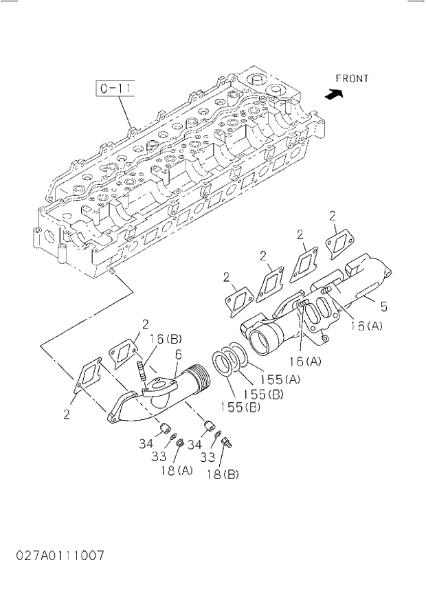 Схема запчастей Hitachi ZW250 - 027_EXHAUST MANIFOLD. 6HK1-XYWT04 DIESEL ENGINE 6HK1 PARTS CATALOG