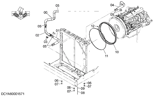 Схема запчастей Hitachi ZX280LC-5G - 006 RADIATOR SUPPORT 02 ENGINE