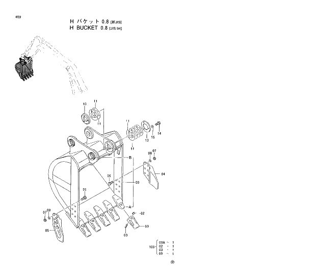 Схема запчастей Hitachi EX210LCH-5 - 409 H BUCKET (0.8) JIS94 03 FRONT