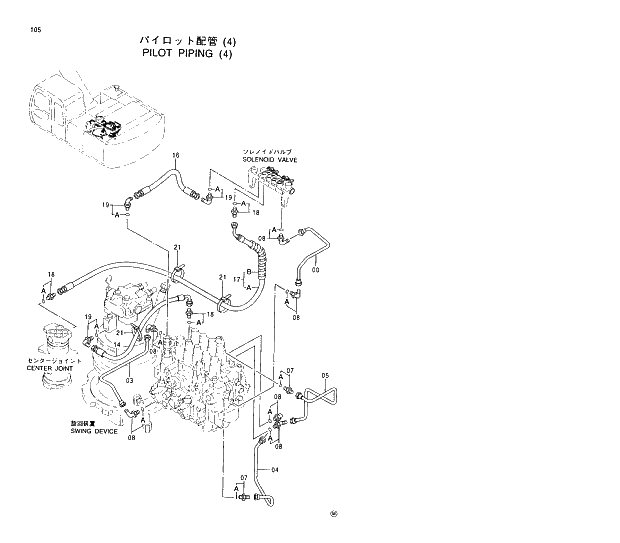Схема запчастей Hitachi EX220-5 - 105 PILOT PIPINGS (4) 01 UPPERSTRUCTURE