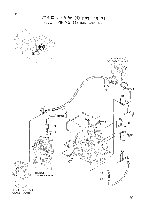 Схема запчастей Hitachi EX100-5E - 117 PILOT PIPINGS (4)(STD)(USA)(EU) UPPERSTRUCTURE