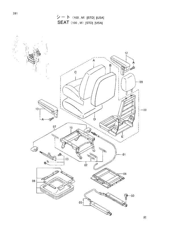 Схема запчастей Hitachi EX100-5E - 281 SEAT 100,M (STD)(USA) UPPERSTRUCTURE