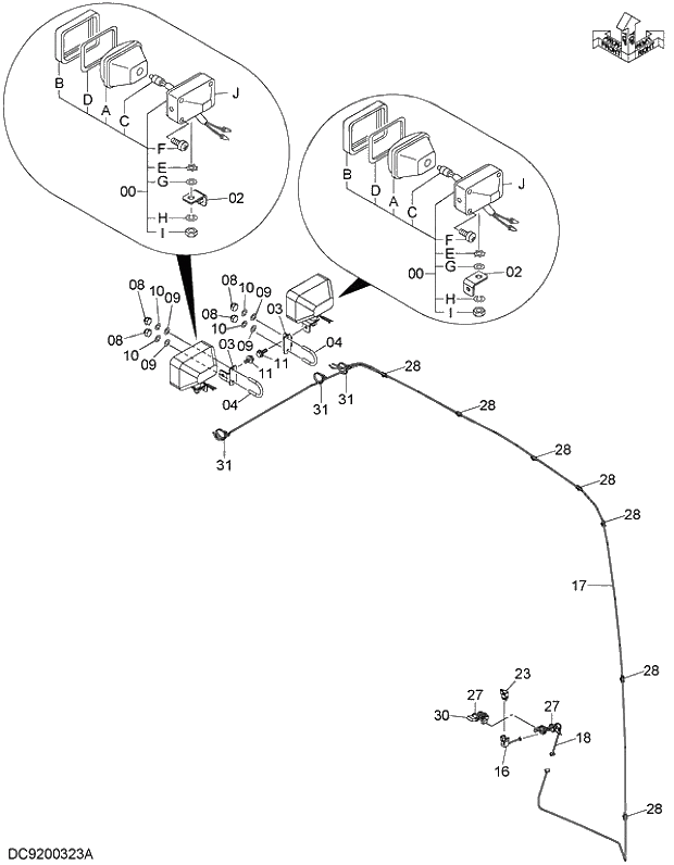 Схема запчастей Hitachi ZX350LCK-3G - 083 FRONT HEAD LAMP (2 LAMP) 01 UPPERSTRUCTURE