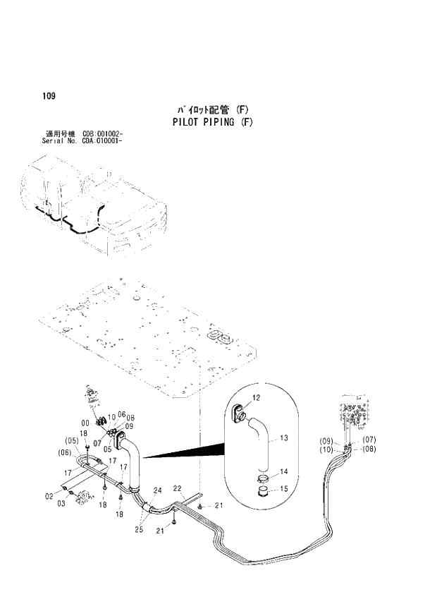 Схема запчастей Hitachi ZX210W - 109 PILOT PIPING (F) (CDA 010001 - CDB 001002 -). 01 UPPERSTRUCTURE