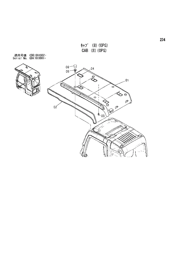 Схема запчастей Hitachi ZX210W - 234 CAB (8)(OPG) (CDA 010001 - CDB 001002 -). 01 UPPERSTRUCTURE