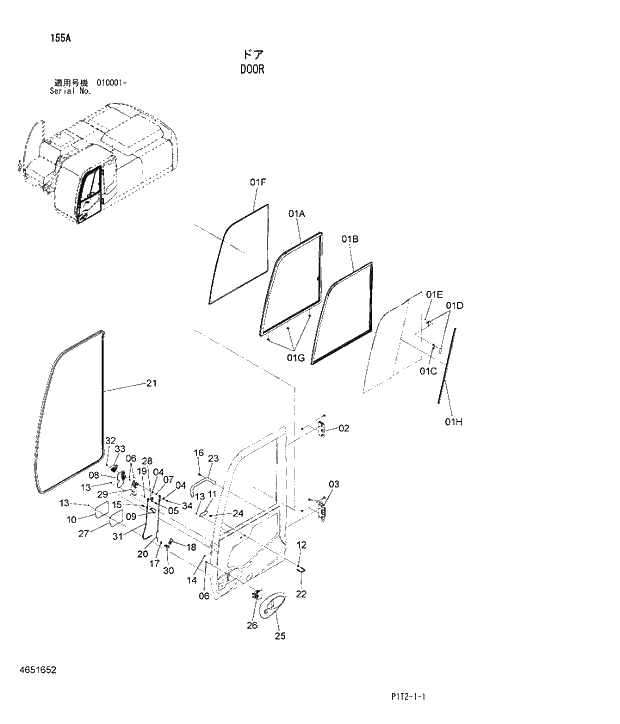 Схема запчастей Hitachi ZX180W-3 - 155 DOOR. 01 UPPERSTRUCTURE