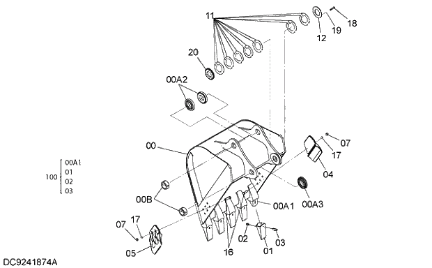 Схема запчастей Hitachi ZX250LCK-3G - 014 BUCKET 1.0m3 (JIS 94) 03 FRONT-END ATTACHMENTS