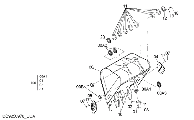 Схема запчастей Hitachi ZX240-3G - 016 BUCKET 1.25m3 (JIS 94) 03 FRONT-END ATTACHMENTS