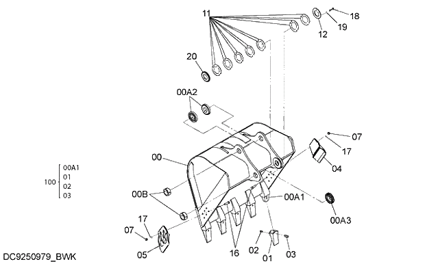 Схема запчастей Hitachi ZX250LCK-3G - 017 BUCKET 1.4m3 (JIS 94) 03 FRONT-END ATTACHMENTS