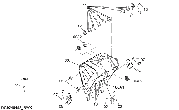 Схема запчастей Hitachi ZX240LC-3G - 018 H BUCKET 1.0m3 (JIS 94) 03 FRONT-END ATTACHMENTS