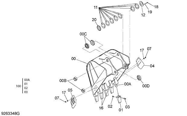 Схема запчастей Hitachi ZX240LC-3G - 019 K BUCKET 1.0m3 (JIS 94) 03 FRONT-END ATTACHMENTS