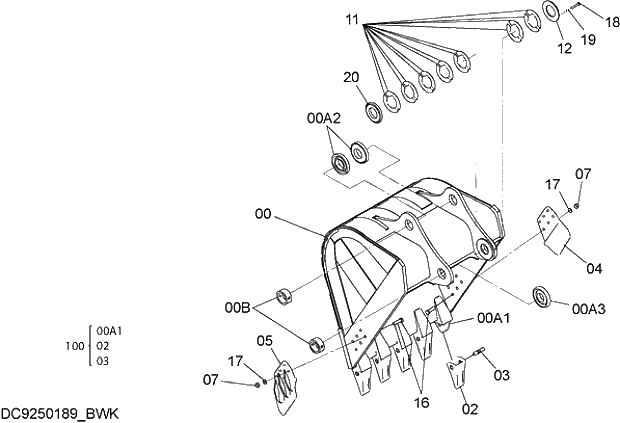 Схема запчастей Hitachi ZX250LCK-3G - 020 BUCKET (JIS 94)(SIDE-PIN TOOTH) 03 FRONT-END ATTACHMENTS