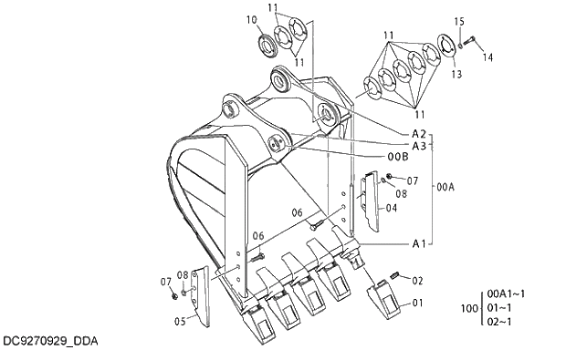 Схема запчастей Hitachi ZX250LCK-3G - 021 ROCK BUCKET 0.92m3 (JIS 94) 03 FRONT-END ATTACHMENTS