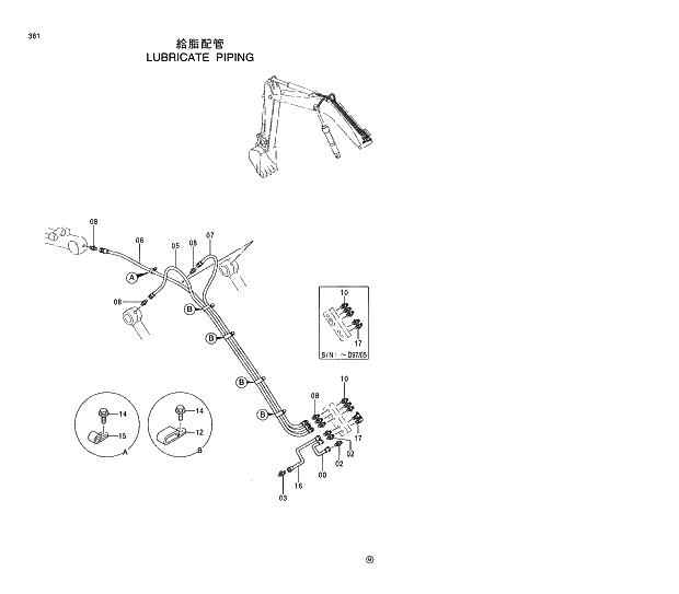 Схема запчастей Hitachi EX130H-5 - 381 LUBRICATE PIPING 03 FRONT END ATTACHMENTS