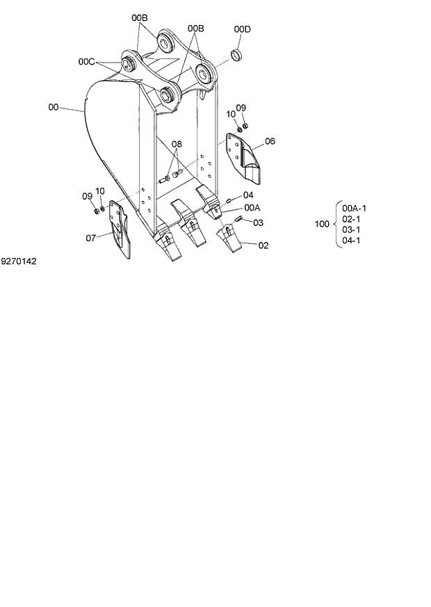 Схема запчастей Hitachi ZX140W-3 - 266 BUCKET 0.30m3 (JIS 94) ( CEB CED 002001-, CEA 020001-). 03 FRONT-END ATTACHMENTS(MONO-BOOM)