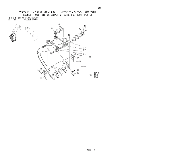 Схема запчастей Hitachi ZX350LCN - 422 BUCKET 1.4m3 (JIS 94)(SUPER V TOOTH, FOR TOOTH PLATE). 03 MONO BOOM FRONT-END ATTACHMENTS