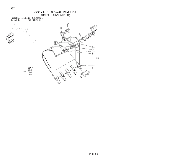 Схема запчастей Hitachi ZX350K - 427 BUCKET 1.86m3 (JIS 94). 03 MONO BOOM FRONT-END ATTACHMENTS