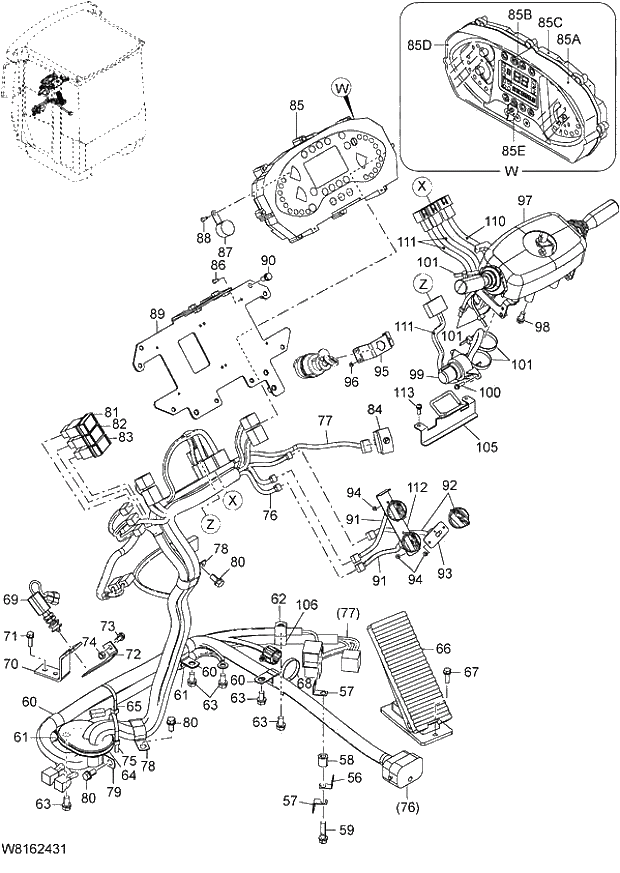 Схема запчастей Hitachi ZW220 - 138_ELECTRICAL PARTS(STEERING COLUMN) 6CG,HCG,HEG (006208-007999, 008305-009999). 05 ELECTRICAL SYSTEM