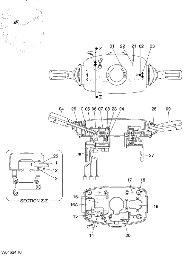 Схема запчастей Hitachi ZW220 - 139_COLUMN LEVER (000101-004999, 005101-). 05 ELECTRICAL SYSTEM