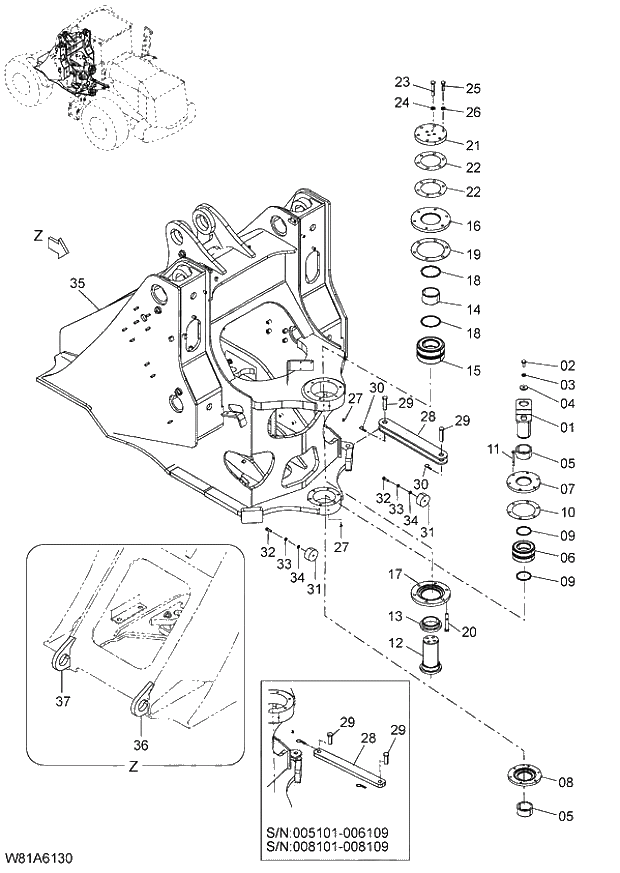 Схема запчастей Hitachi ZW250 - 036_FRONT FRAME 6CH,HCH,HEH (005101-009999). 03 CHASSIS