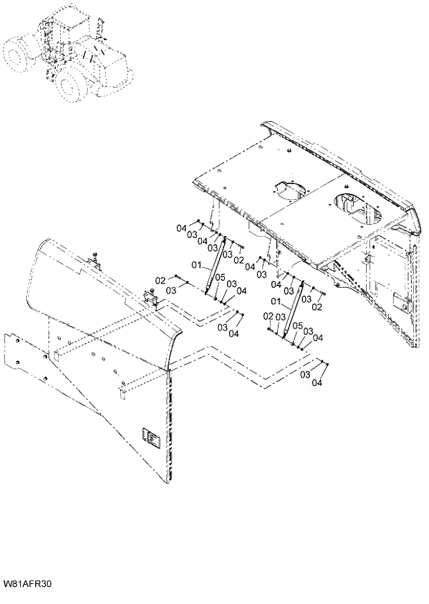 Схема запчастей Hitachi ZW250 - 049_GAS SPRING(WITH FULL REAR FENDER)(FRF) (000101-004999, 005101-). 03 CHASSIS