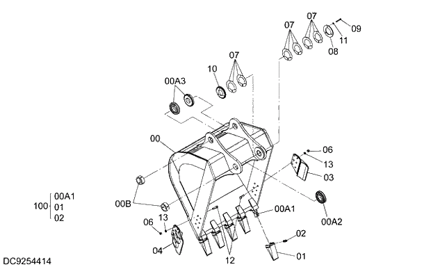 Схема запчастей Hitachi ZX350LCK-5G - 018 BUCKET 1.4m3 (JIS 94)(SUPER V TOOTH) 12 FRONT-END ATTACHMENTS