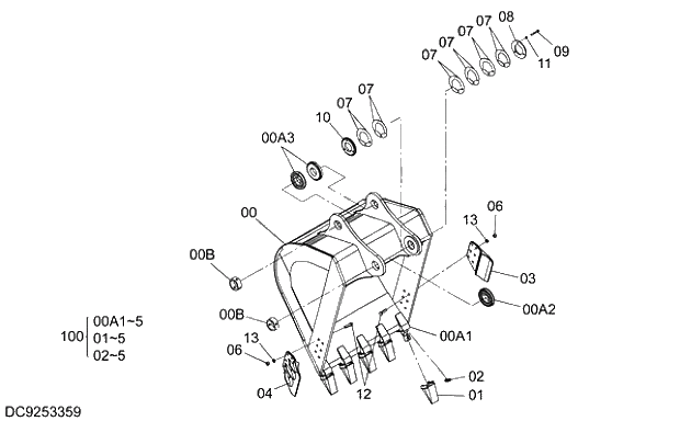 Схема запчастей Hitachi ZX350LCK-5G - 019 BUCKET 1.4m3 (JIS 94)(SUPER V TOOTH, FOR TOOTH PLATE) 12 FRONT-END ATTACHMENTS