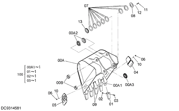 Схема запчастей Hitachi ZX250H-5G - 010 BUCKET 1.0m3 (JIS 94) 12 FRONT-END ATTACHMENTS