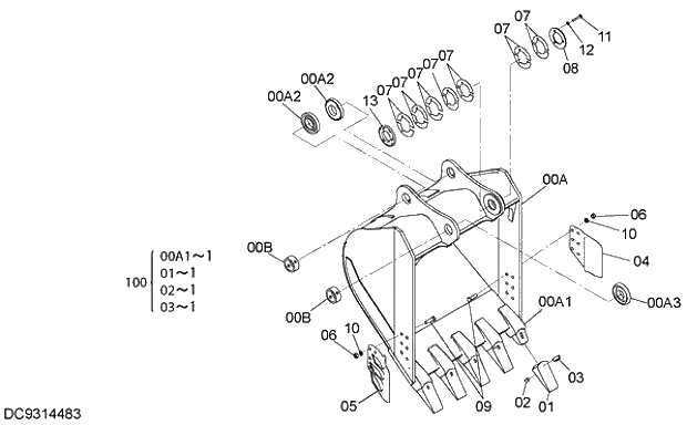 Схема запчастей Hitachi ZX250LCK-5G - 011 BUCKET 1.1m3 (JIS 94) 12 FRONT-END ATTACHMENTS
