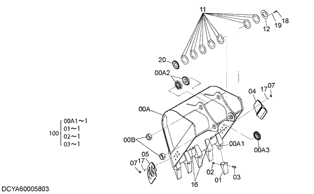 Схема запчастей Hitachi ZX250K-5G - 012 BUCKET 1.25m3 (JIS 94) 12 FRONT-END ATTACHMENTS