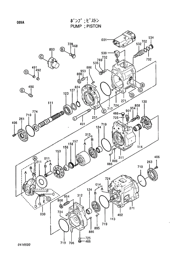 Схема запчастей Hitachi EX400H-3 - 009 PUMP PISTON (005001 -). 01 PUMP
